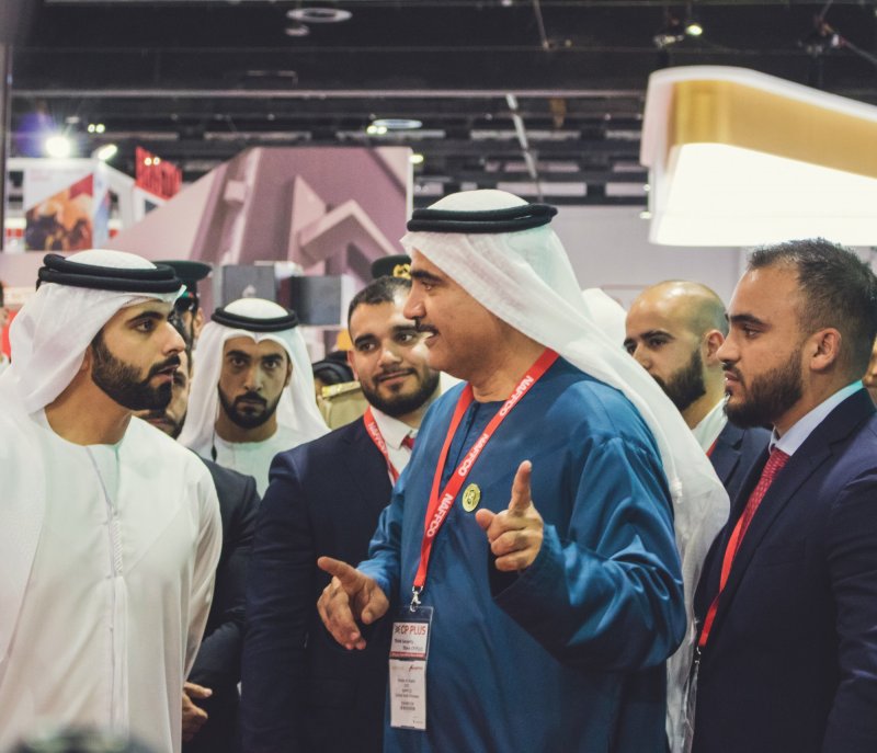 His Highness Sheikh Mansoor Bin Mohammed Bin Rashid Al Maktoum with NAFFCO Group CEO Eng. Khalid Al Khatib, INTERSEC 2019.